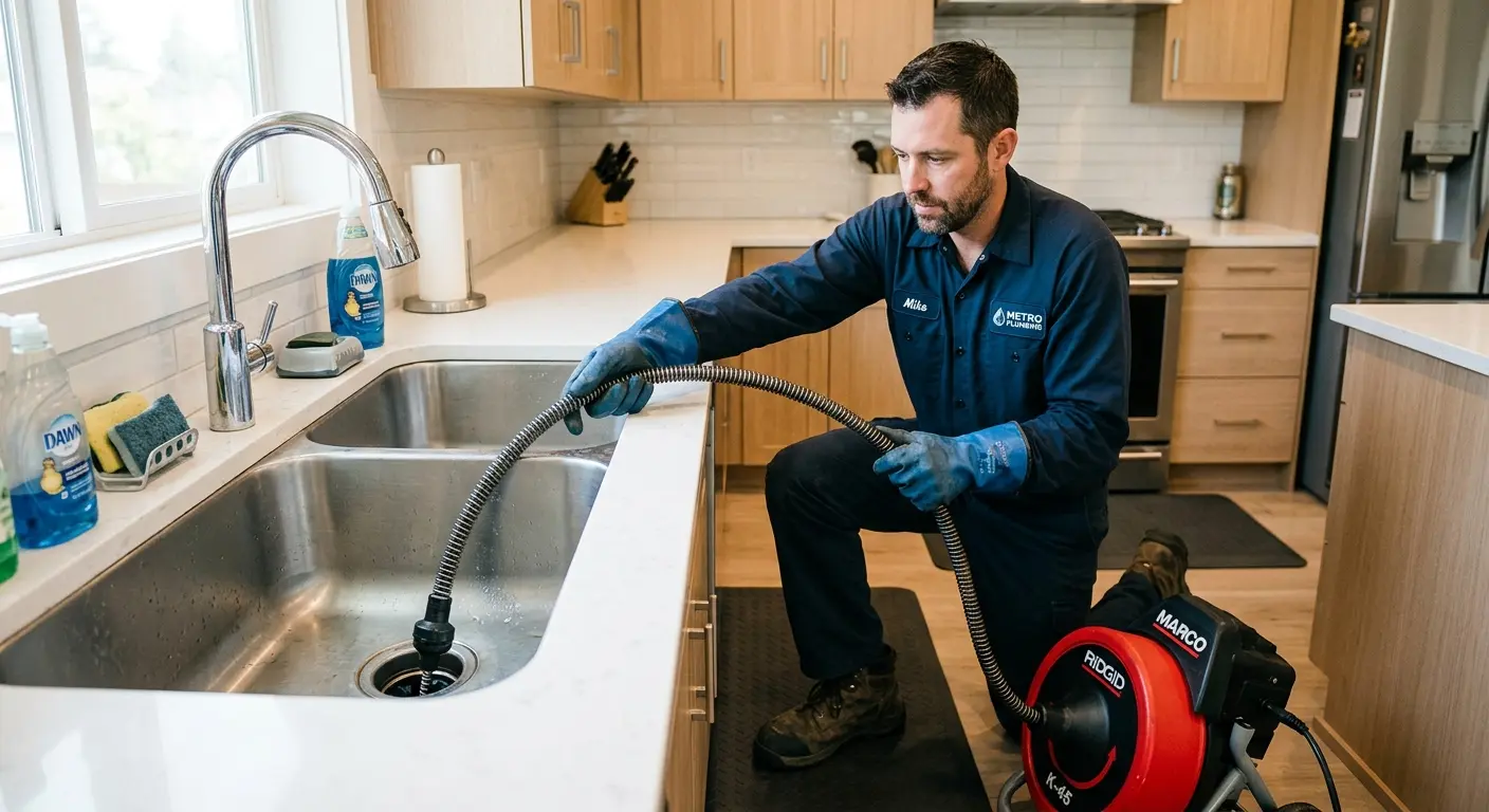 Drain cleaning technician using a motorized snake on a kitchen sink in Anamosa