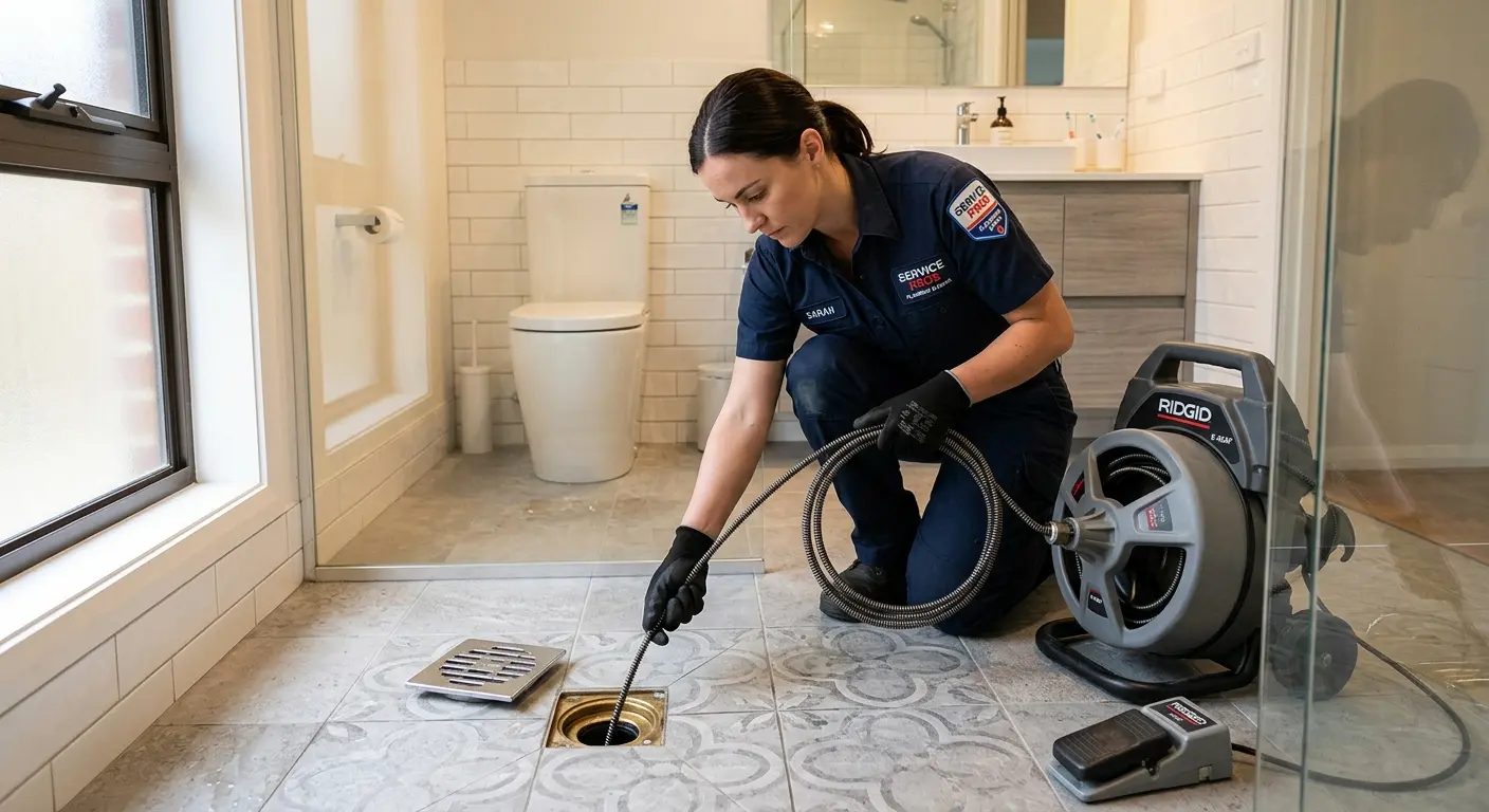 Technician clearing a bathroom floor drain for Sewer Line Replacement in Anamosa